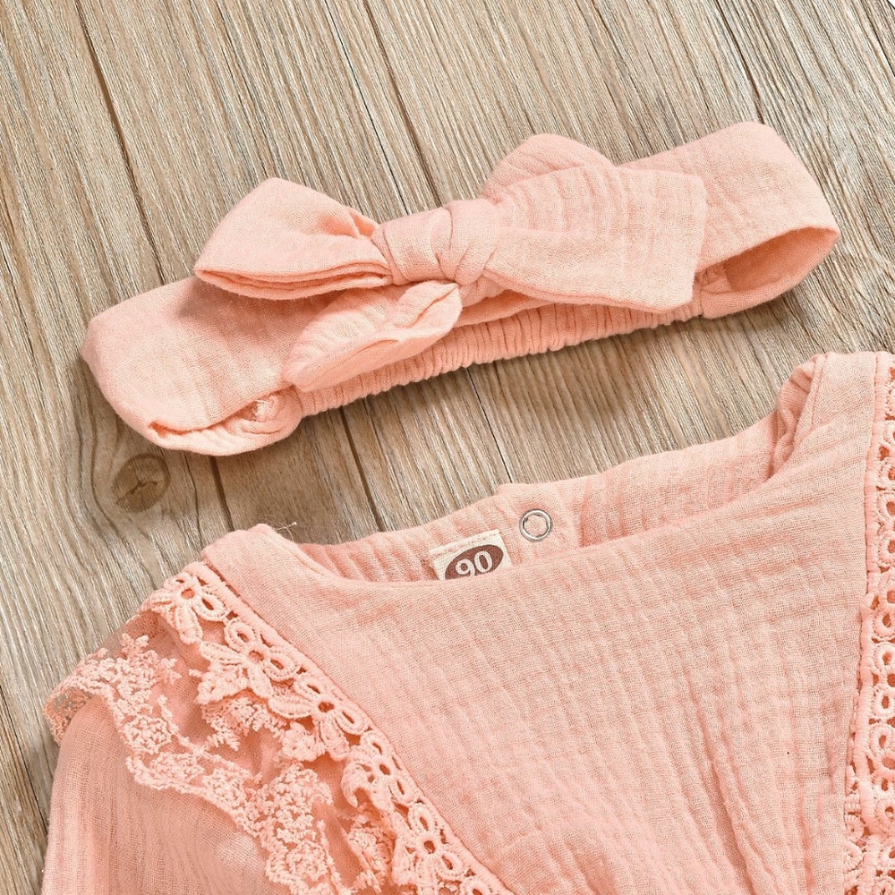 Coral Pink Long Sleeve Lace Muslin Baby Onesie & Matching Bow - Picture 7 of 8